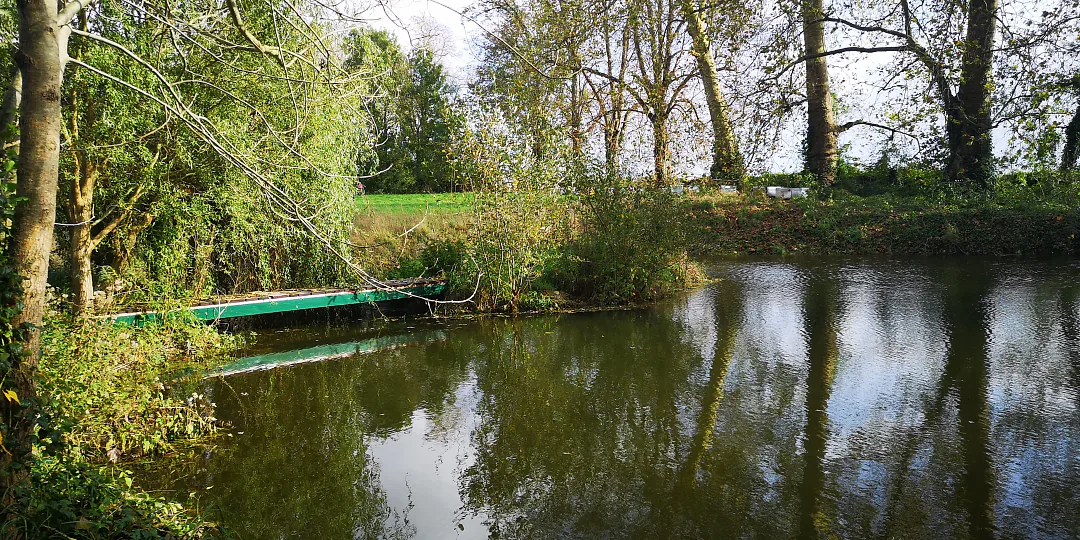Barque amarrée sur le bras de rivière, en automne