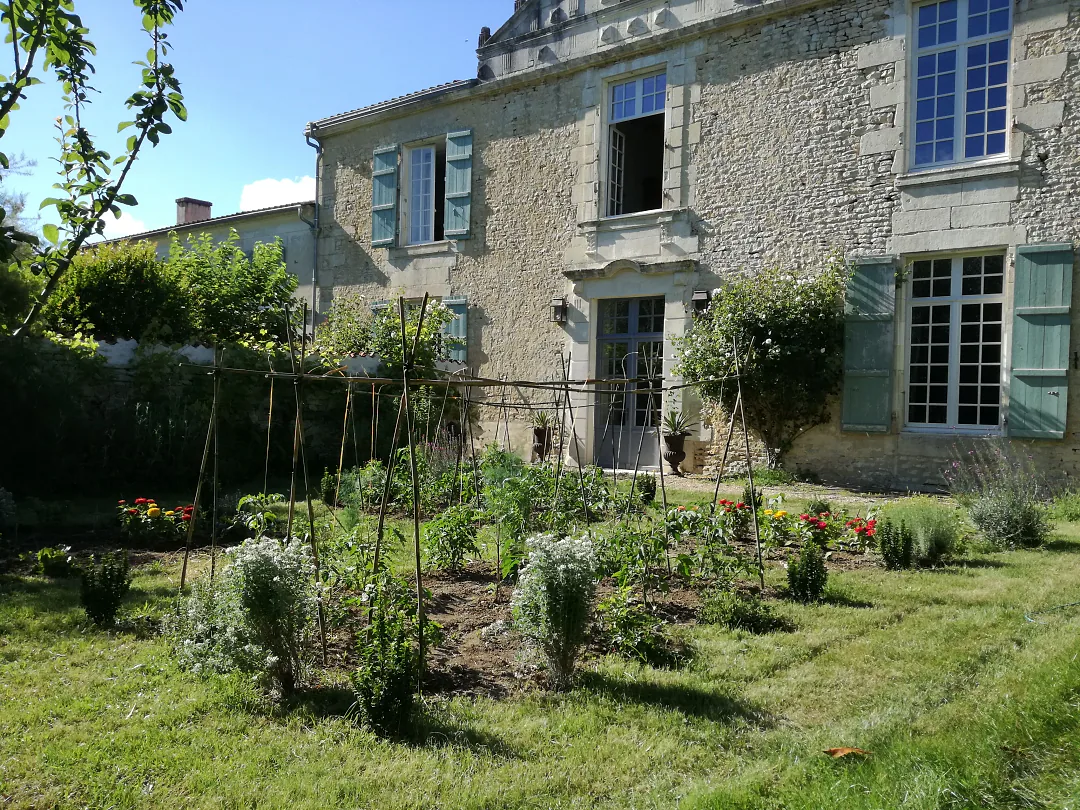 Le potager en été devant la façade aux volets pâles